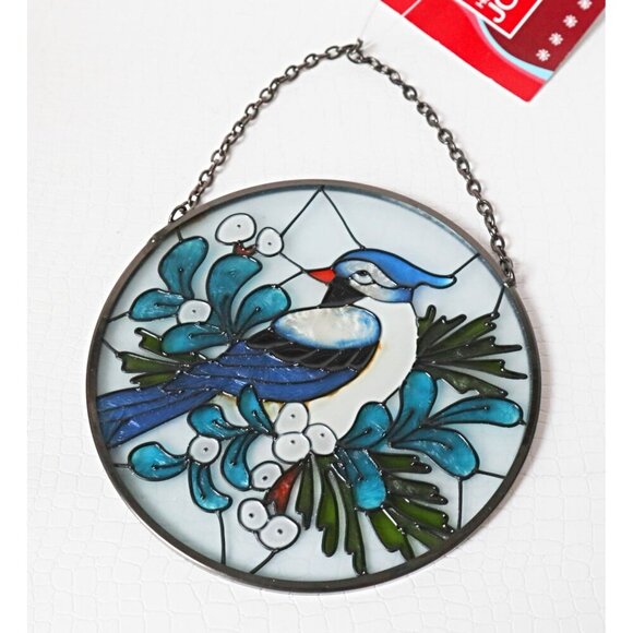 3 Vintage Christmas Suncatchers Reverse Painting on Glass Santa Poinsettias Blue - Picture 4 of 5